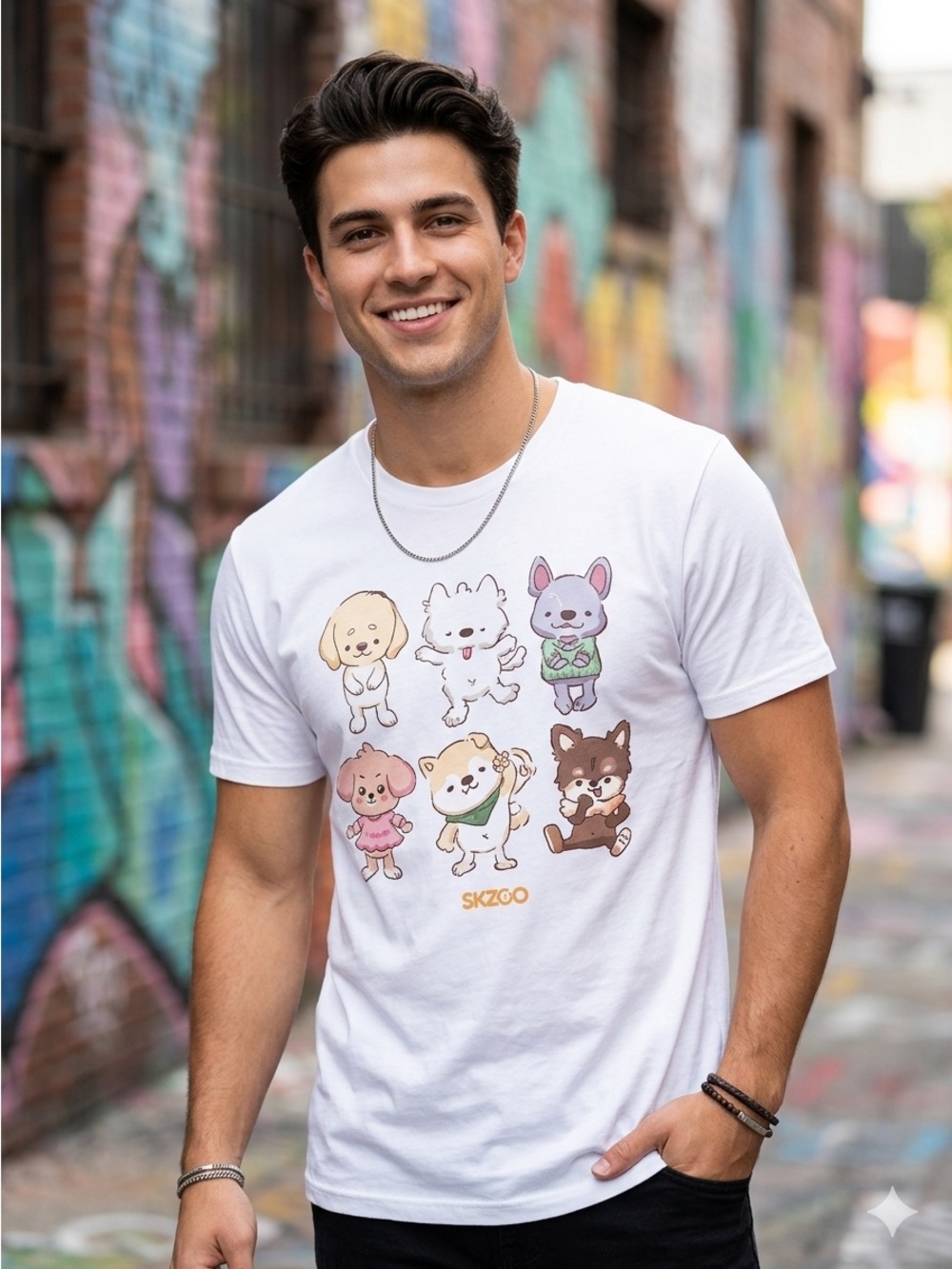 Men's White Short Sleeve Graphic Tee with Cute Dog Characters